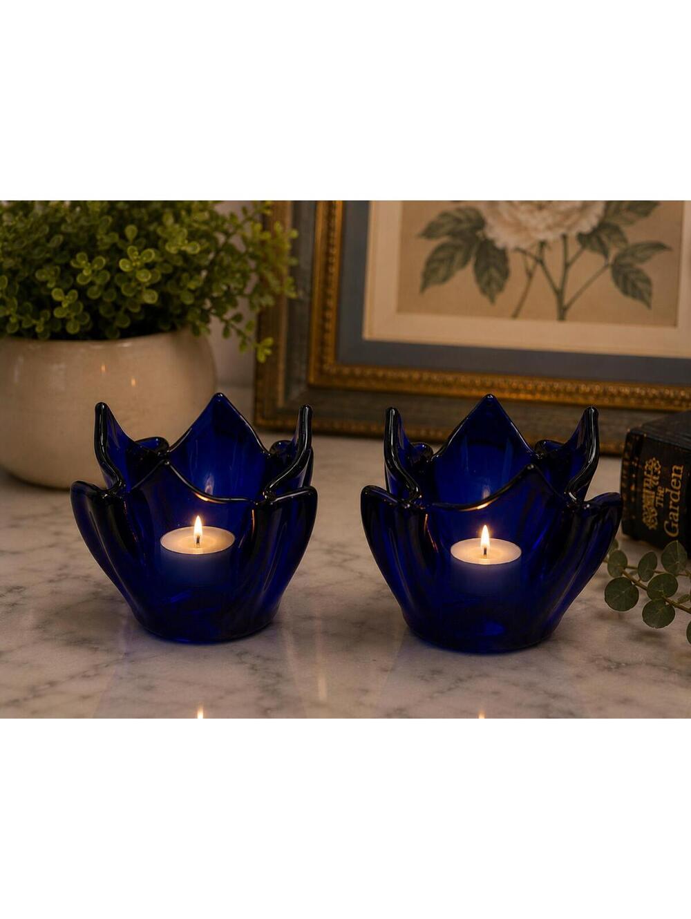 PartyLite Cobalt Blue Art Glass Tulip Votive Candle Holders Set of 2